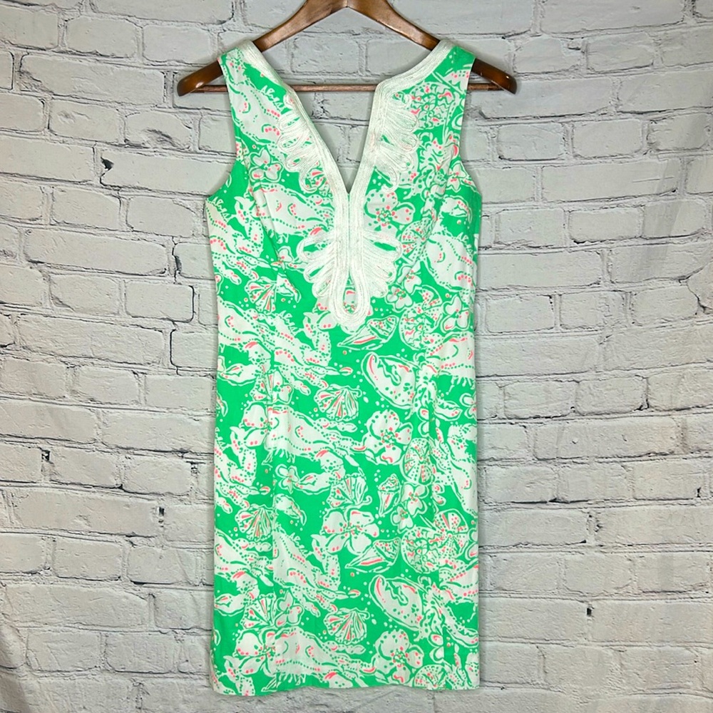 Lilly Pulitzer Green Floral White Appliqué Sleeveless Dress Size 0